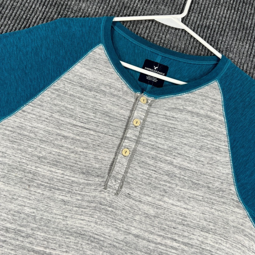 American Eagle Henley Shirt Mens XL Extra Large Blue Gray Long Sleeve Casual